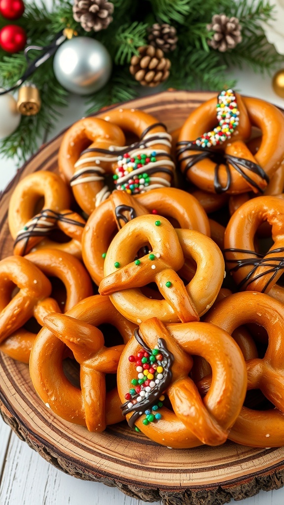 A plate of decorated Christmas pretzels with sprinkles and chocolate, set against a festive holiday backdrop.